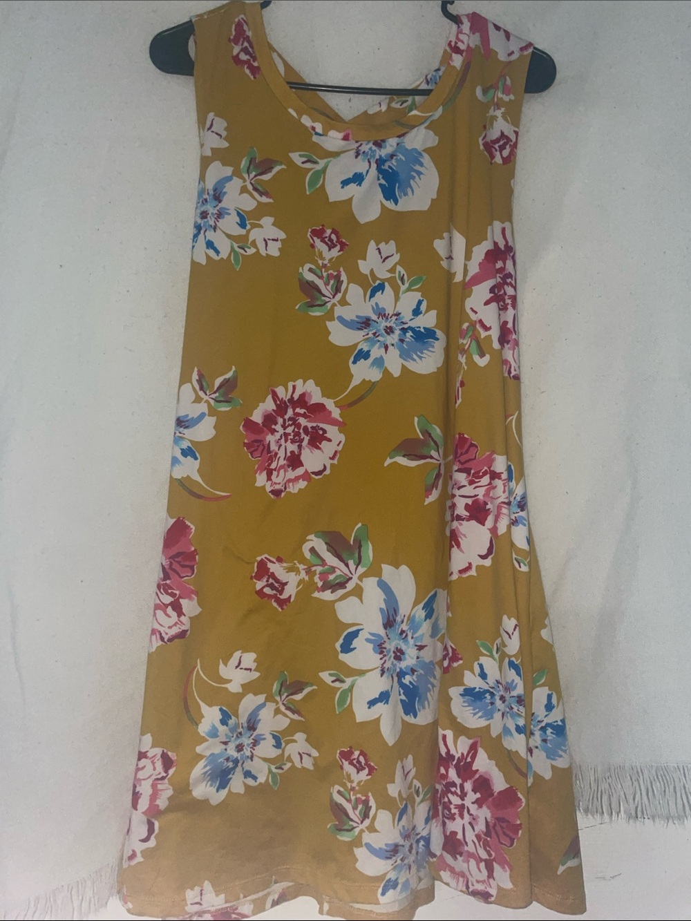 Sleeveless Floral A-Line Skirt in Mustard with Pink & Blue Blooms